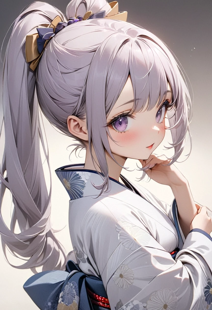 Playful and cute oriental girl with twin ponytails.Light purple gray long hair.Double ponytail hairstyle，Texture、Beautiful white Japanese kimono、，masterpiece，best quality