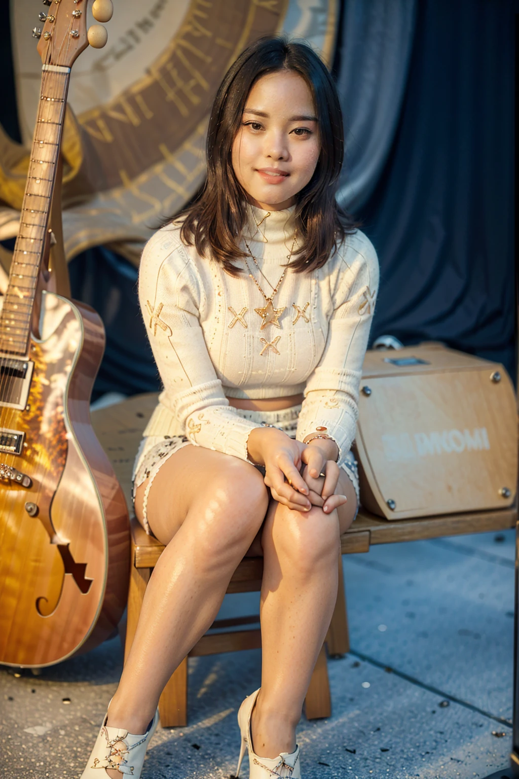 masterpiece, best quality, ultra detailed, high resolution, 1 girl, ((pretty lady MoonLay)), Burmese girl, ((pretty lady MoonLay's seductive sweet face with sweet smile:1.2)), ((playing guitar:1.5)), ((singing with confident)), ((electric guitar)), ((stage background:1.5)), golden hour setting, 8k, (((black sweater turtleneck tight blouse))), ((many white flowers pattern printed on black mini tight skirt:1.2)), (sitting on stylish stage stool), (((crossing legs, put one leg over another leg:1.2))), (stiletto high heel), ((full body view:1.5)), ((blur background with star shaped bokeh effect to highlight portrait better)), (vibrant HDR lighting),