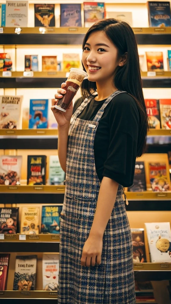Film photography of a 20 year old girl, long black shoulder length hair wearing a checkered pinafore, with a happy expression, the woman is standing holding a glass of Coca Cola with her left hand, while her right hand is holding a box of popcorn, in the background of a bookstore in where several books and other items are displayed in the glass window. Sunlight shines from the right of the photo, creating interesting shadows and contrast, (warm hue, warm tone) bokeh, professional color gradient, shot by Sony a6700, sigma 23mm lens (35mm FFeqf), mist filter 1/4