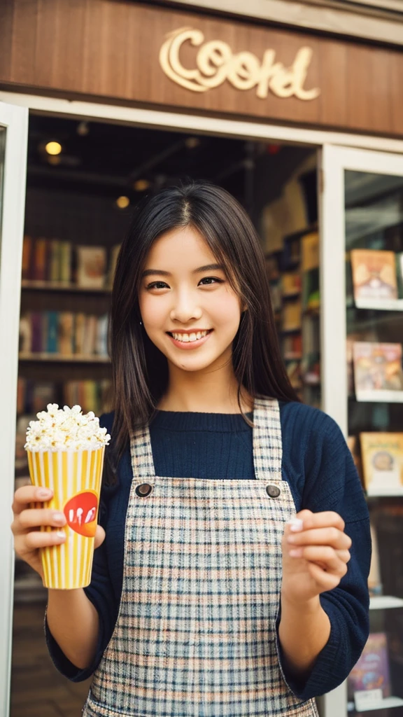 Film photography of a 20 year old girl, long black shoulder length hair wearing a checkered pinafore, with a happy expression, the woman is standing holding a glass of Coca Cola with her left hand, while her right hand is holding a box of popcorn, in the background of a bookstore in where several books and other items are displayed in the glass window. Sunlight shines from the right of the photo, creating interesting shadows and contrast, (warm hue, warm tone) bokeh, professional color gradient, shot by Sony a6700, sigma 23mm lens (35mm FFeqf), mist filter 1/4