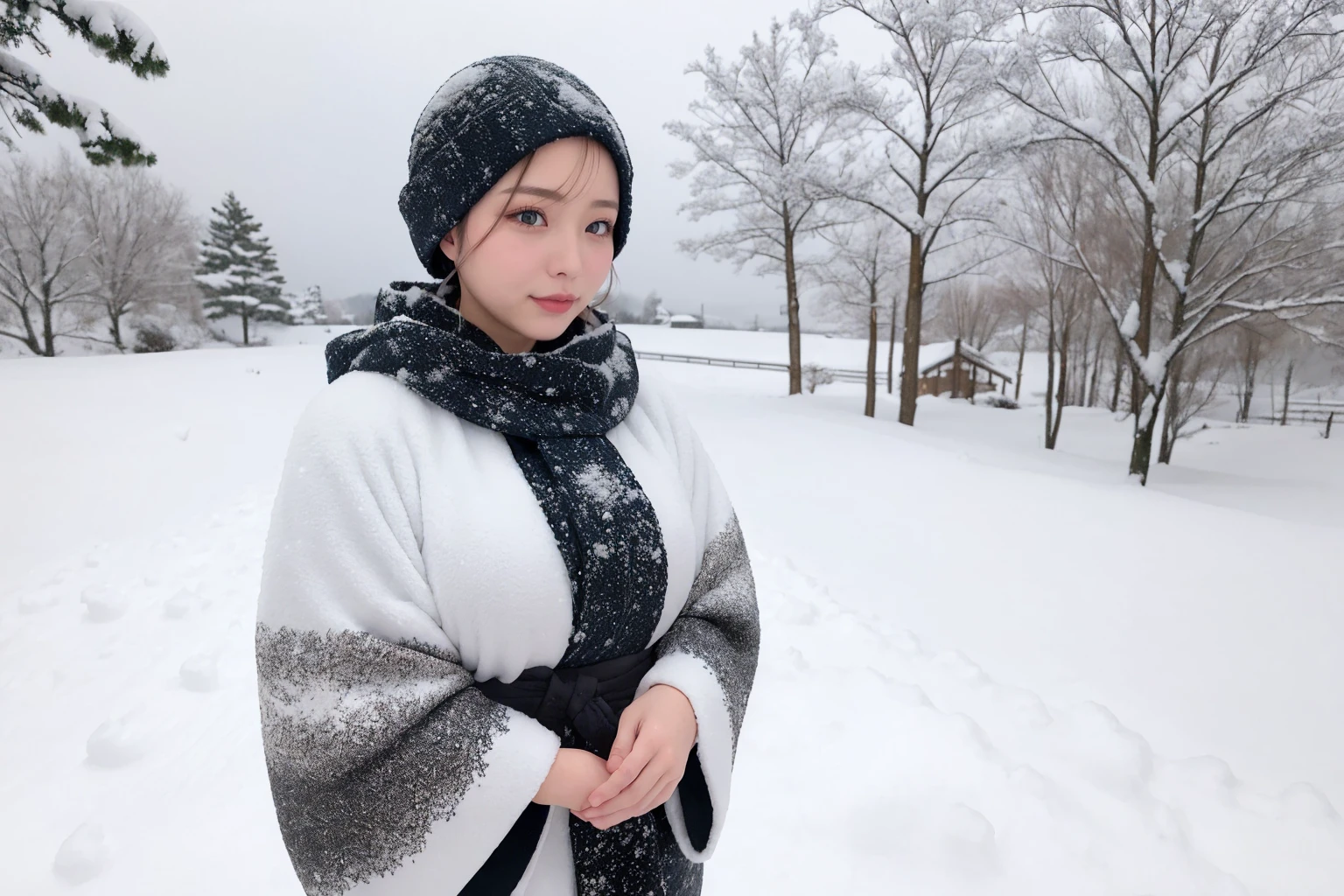 ((A beautiful woman looks cold in the heavy snow))　Kimono　Photo style　Real　It&#39;s snowing　Fantasy