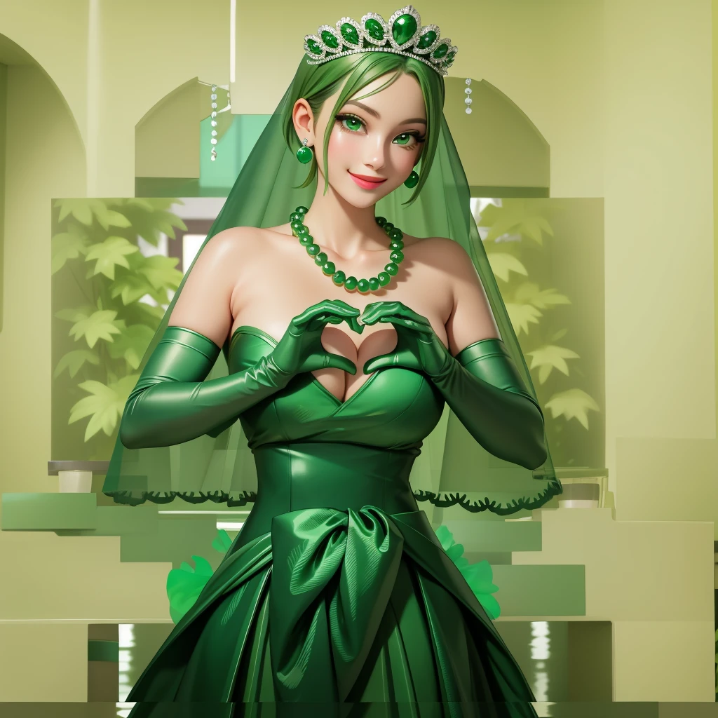 Emerald tiara, Green Pearl Necklace, ボーイッシュな非常に短いGreen Hair, Green Lips, Smiling Japanese woman, Very short hair, Busty beautiful lady, Green Eyes, Green satin long gloves, Green Eyes, Emerald Earrings, Green veil, Heart with both hands, Green Hair, Beautiful Japanese Woman, Heart shaped hands:1.3, green lip gloss