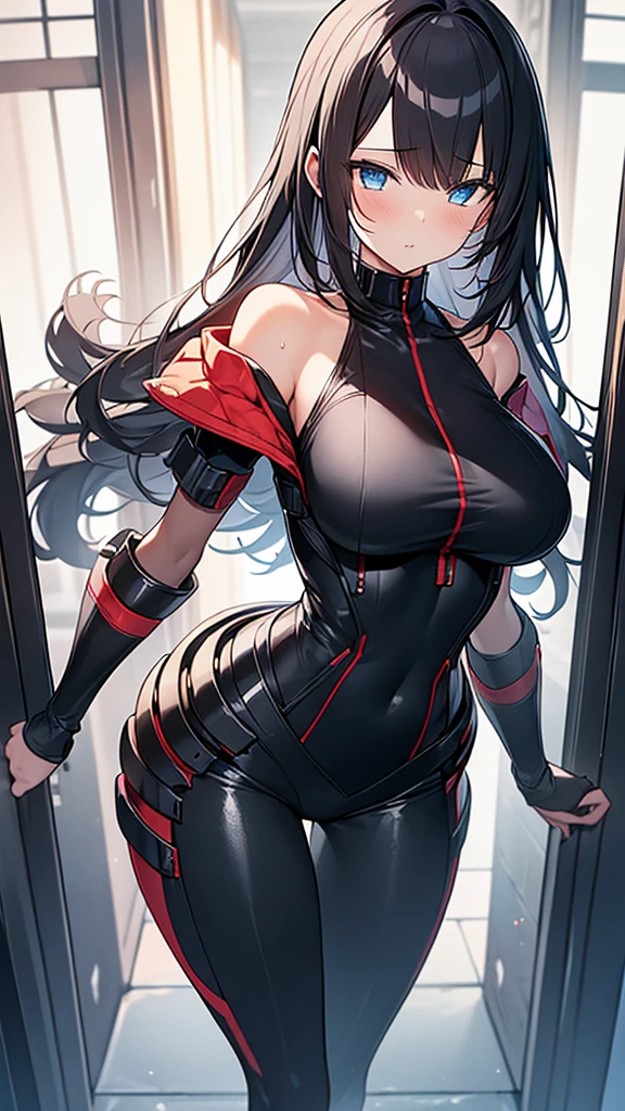 (Highly detailed CG Unity 32k wallpaper,masterpiece, Biological, whole body),(Best lighting, Best Shadow, Very delicate and beautiful),(One girl),blue eyes, Big Breasts, Black Hair,Red and black off-the-shoulder revealing high-cut SF bodysuit,レオタードの服,Neck Seal,High-tech sci-fi corridor, Dynamic pose, Detailed Machinery, Sleek design.,My crotch is wet, {{An extraterrestrial lifeform preys on girls and takes their place、Her breasts are bigger than a real girl&#39;s、Suitable for the mother}}, Unknown sensation, Feels good, Vigorous movement, more, instinct, Female fall, Bouncing chest, loose, loose, Next to a real girl skeleton, NSFW