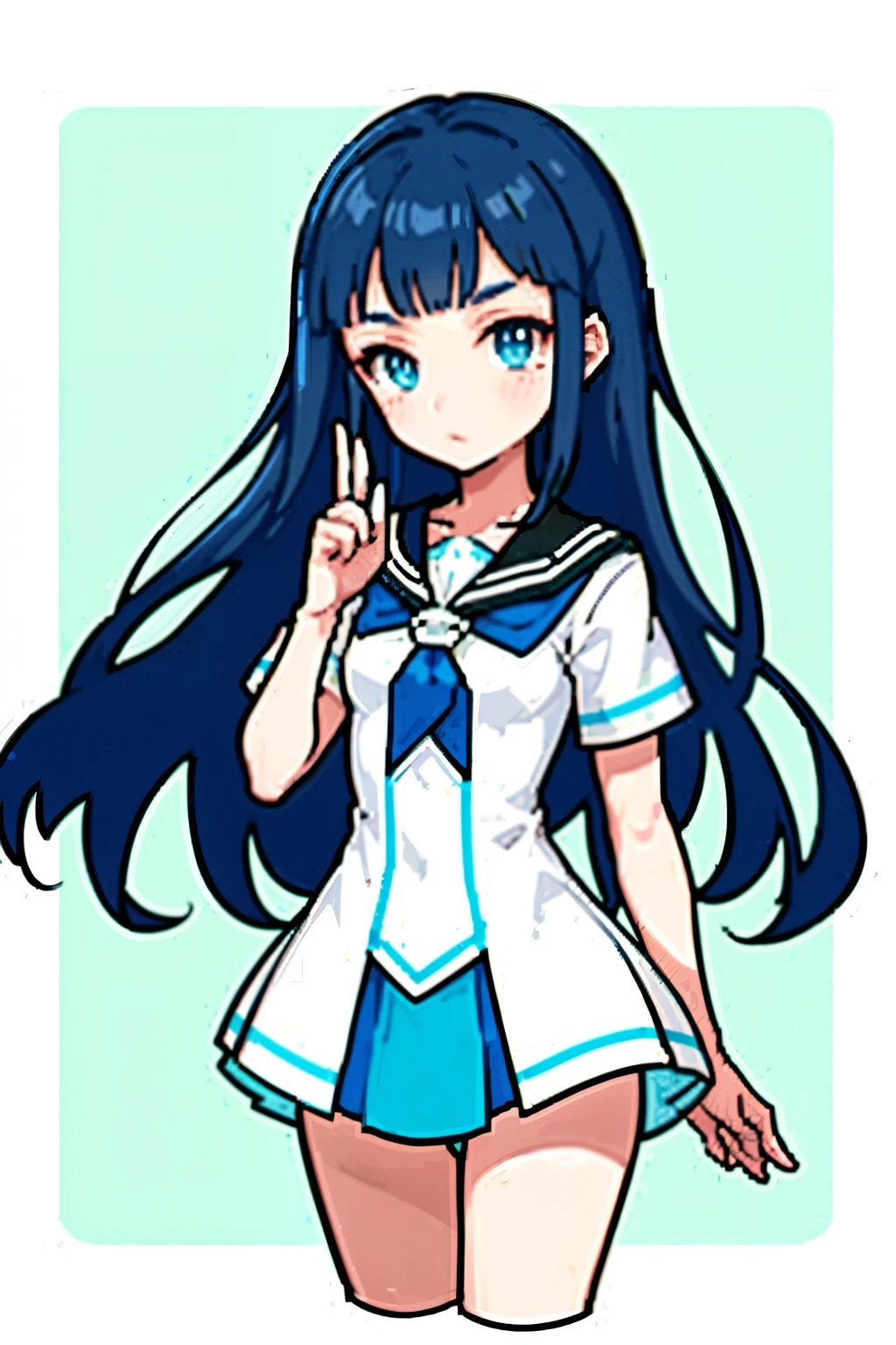 Based on My Hero Academia, a UA student with the unique quirk of blue threads, she is hesitant and half-shy. She boasts long, straight black hair that cascades down her shoulders, framing her face. Her bangs are a striking contrast, a mix of blue hues with a light blue strand interwoven, creating a versatile wave pattern. Her eyes are an unusual shade, not quite light blue, but so subtly so that they appear almost translucent. A small mole, a charming imperfection, rests beneath her right eye, adding character to her otherwise pristine features. The background features the iconic UA High School, with its towering