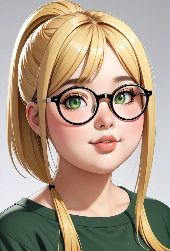 chubby girl, Blonde, with green eyes, medium length hair,ponytail, open forehead, round facial features, glasses with black square frames