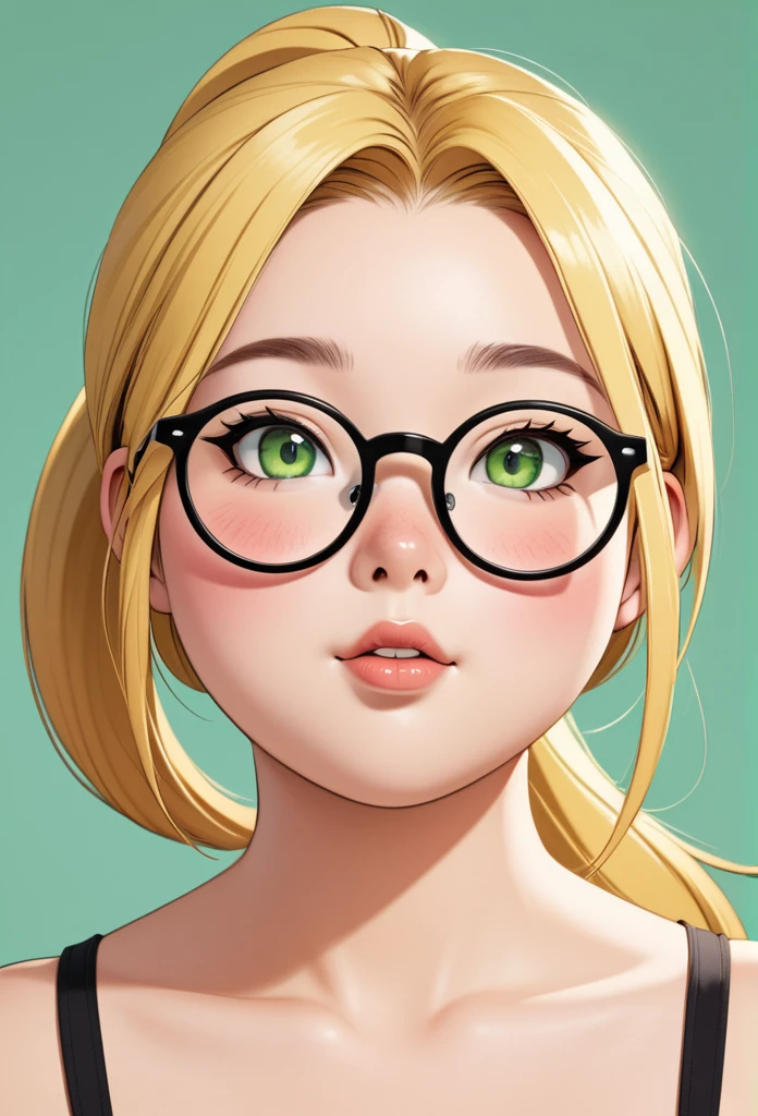 chubby girl, Blonde, with green eyes, medium length hair,ponytail,  open forehead, round facial features, glasses with black square frames 