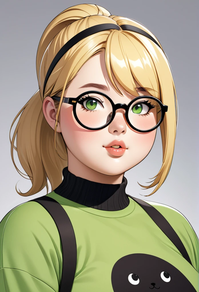 chubby girl, Blonde, with green eyes, medium length hair,ponytail, open forehead, round facial features, glasses with black square frames