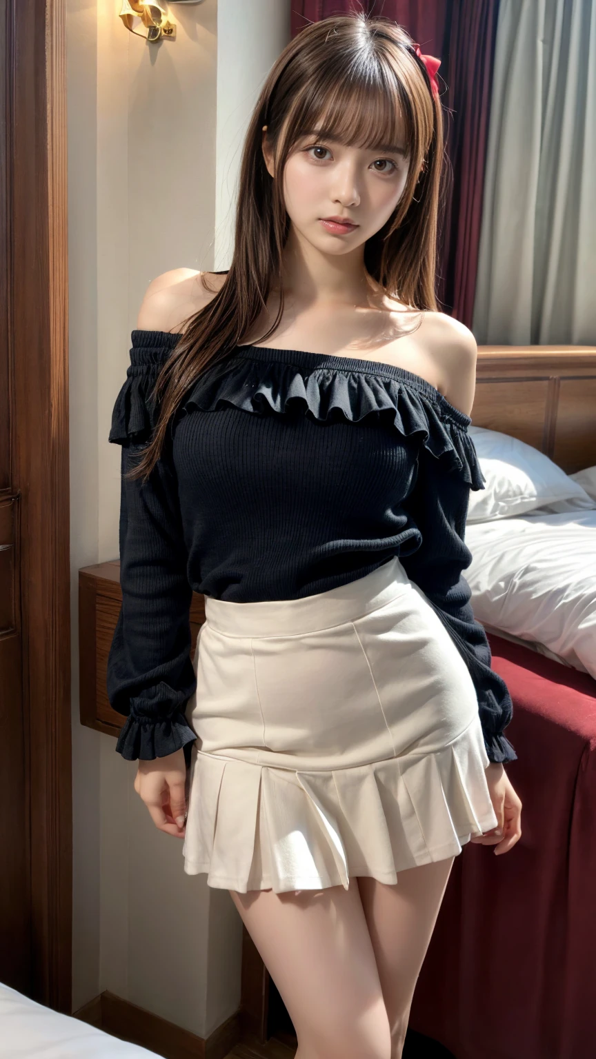 masterpiece, best quality, illustration, Super detailed, fine details, High resolution, 8K,wall paper, perfect dynamic composition,(Details High quality, realistic depiction of eyes:1.3), straight hair, (Ruffle black cotton off-shoulder top transparent lace), pleated skirt, black hair color, Big Natural Color Lip, hotel room, crying a little、 Harajuku style、20 year old girl、cute type、lolita, Gravure Idol, full body photo、focus on crotch, (huge breasts)