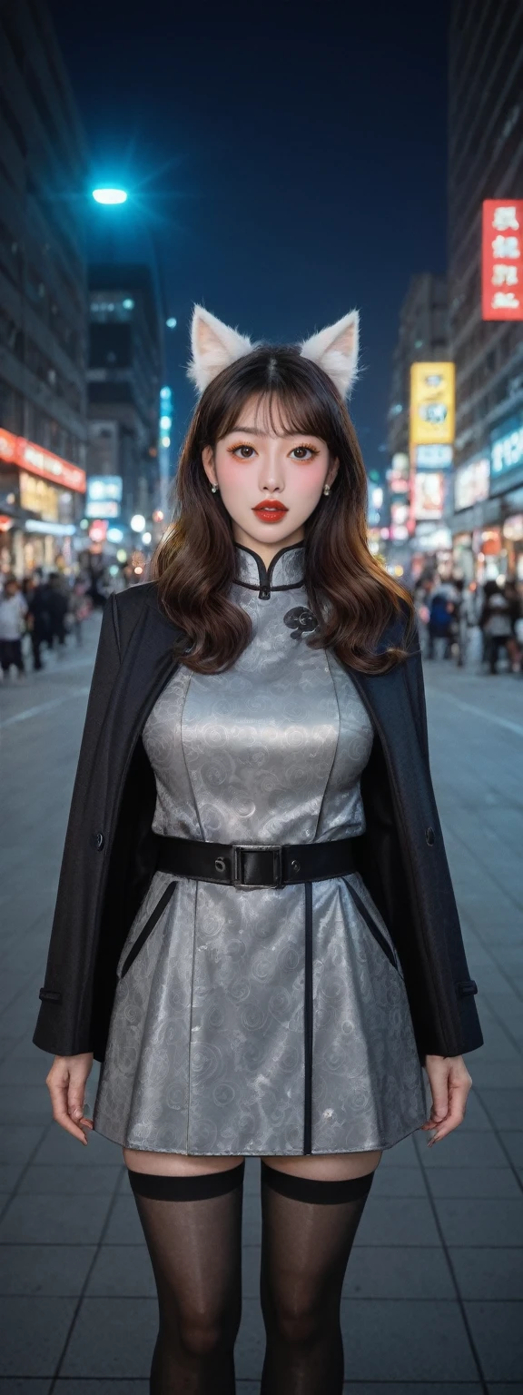 realistic,score_9, score_8_up, score_7_up,
In this futuristic CG wallpaper masterpiece set in the year 4096, a mature female Kpop idol stands on a bustling, neon-lit street. Captured by a Nikon D750 with a f/1.4 55mm lens, her dynamic pose and advanced lighting techniques, including photon mapping and radiosity, create an ultra-realistic and highly detailed effect. She stares intently at the viewer, her blush highlighting her lustrous, oil-like skin. Her face is intricately detailed, featuring wavy gray hair and a sophisticated style, exuding aegyo sal with puffy eyes, long eyelashes, parted lips, and red lipstick. Her broad shoulders and medium breasts are subtly revealed beneath her futuristic attire, which includes animal ears, thigh-highs, and a silk coat inspired by Song Dynasty clothing. Her curvaceous figure is elegantly accentuated by her attire, completing her striking and mature presence in this advanced, neon-drenched urban landscape.