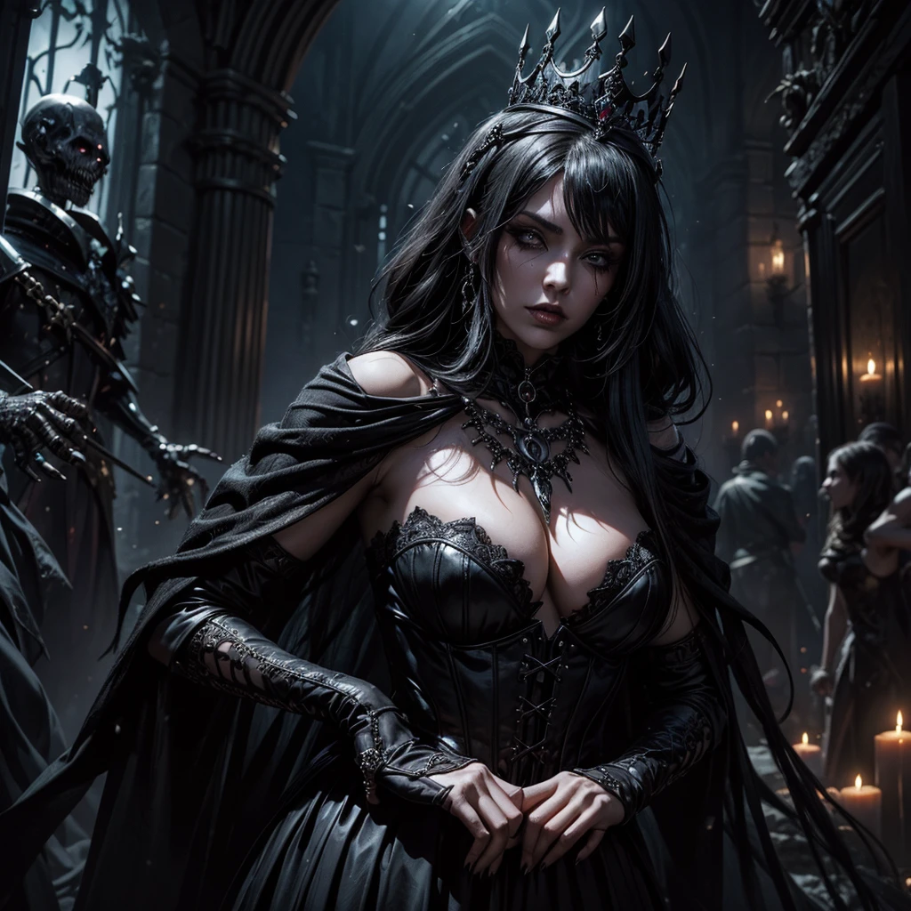 A dark sexy and mysterious queen is surrounded by the undead people in the middle of a gothic village, both male and female undead are in an attitude of submission to the queen