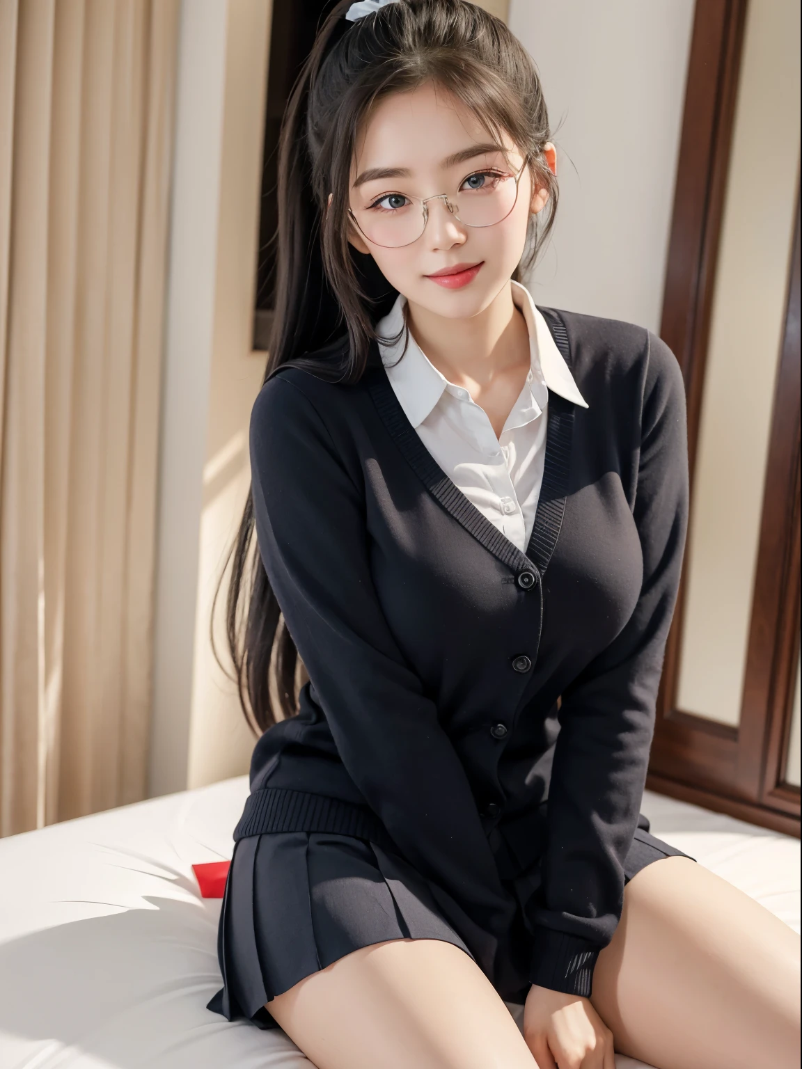 (Best quality, masterpiece, detailed), (RAW, 4k, hd images), 1 girl, 17 years old, white skin, long hair, ponytail, layers hair, bangs, black hair, beautiful girl, cute girl, sweet girl, pretty girl, perfect girl, perfect body, pretty eyes, blue eyes, thin lips, (eye line, lip soft), perfect round breast, glasses(detailed frame), simple background, smile, thigh, legs, school uniforms, full body, modeling pose, free style pose, random angle capture