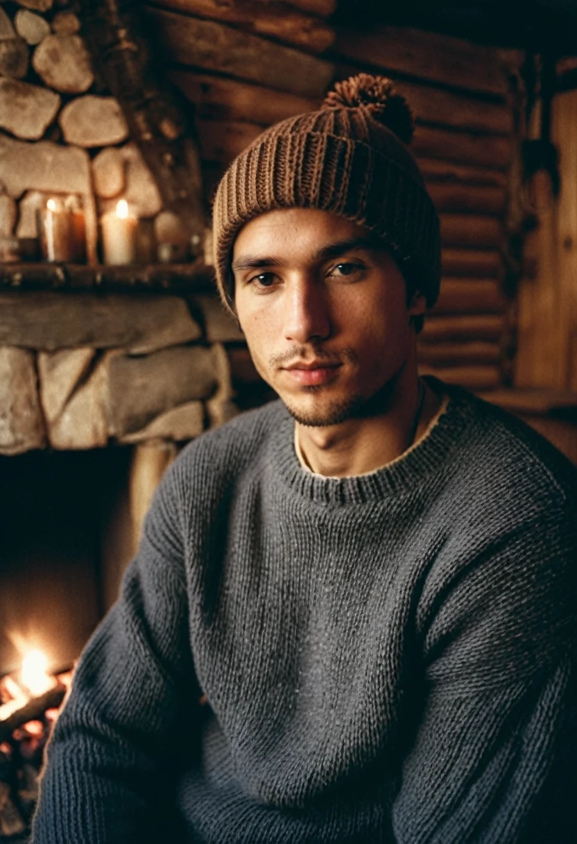 analog film photo (Photorealistic:1.2), (Sensual portrait of a man with a beanie:1.3), (brown eyes with a tender gaze:1.3), (nurturing presence:1.2), (Cozy attire with a sweater and a beanie:1.4), (Soft candlelight for a cozy atmosphere:1.3), (Backdrop of a rustic cabin with a crackling fireplace:1.3), faded film, desaturated, 35mm photo, grainy, vignette, vintage, Kodachrome, Lomography, stained, highly detailed, found footage, detailed skin texture, (blush:0.5), (goosebumps:0.5), subsurface scattering, ((Glamour Portrait))