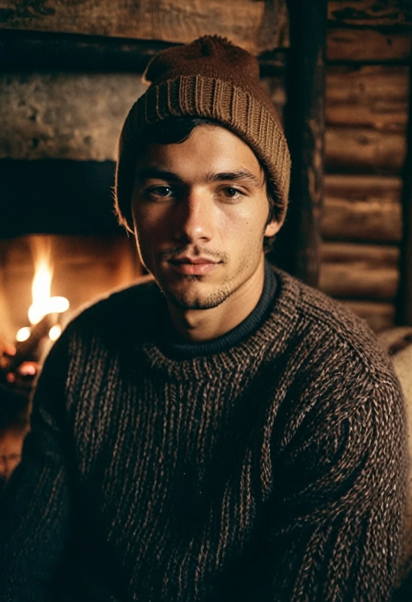 analog film photo (Photorealistic:1.2), (Sensual portrait of a man with a beanie:1.3), (brown eyes with a tender gaze:1.3), (nurturing presence:1.2), (Cozy attire with a sweater and a beanie:1.4), (Soft candlelight for a cozy atmosphere:1.3), (Backdrop of a rustic cabin with a crackling fireplace:1.3), faded film, desaturated, 35mm photo, grainy, vignette, vintage, Kodachrome, Lomography, stained, highly detailed, found footage, detailed skin texture, (blush:0.5), (goosebumps:0.5), subsurface scattering, ((Glamour Portrait))