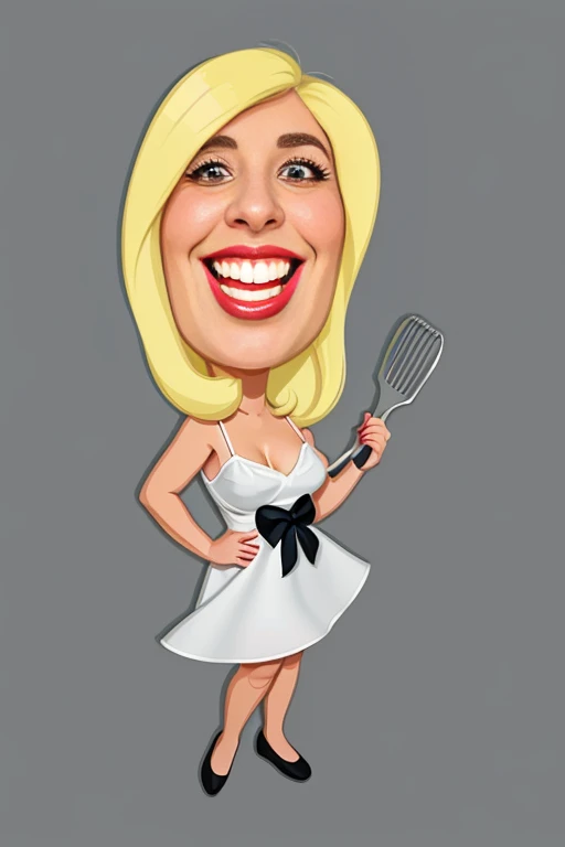 cartoon woman in white dress holding a spatula and smiling, caricature illustration, caricature style, in cartoon style, caricature!!!, inspired by Shirley Teed, caricature, caricature, cartoon style illustration, cartoon portrait, caricature, style cartoon art, cel shaded:15, Elaine, cartoon illustration, Cartoon character, cartoon digital art, cel shaded, 8k