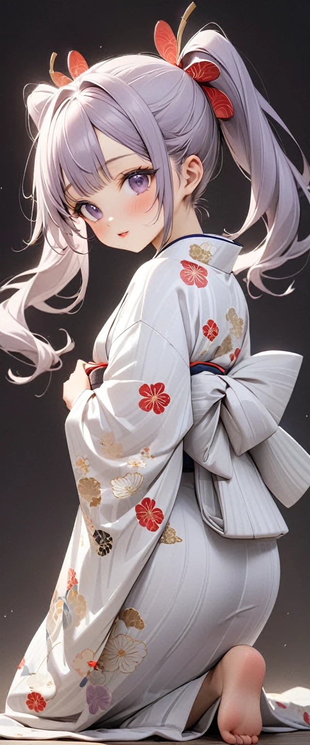 Playful and cute oriental girl with twin ponytails.Light purple gray long hair.Double ponytail hairstyle，Texture、Beautiful white Japanese kimono、，masterpiece，best quality