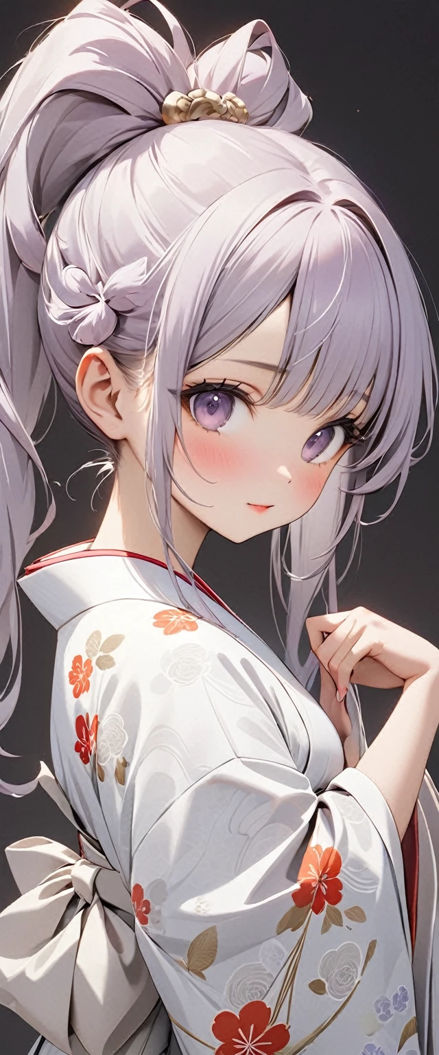 Playful and cute oriental girl with twin ponytails.Light purple gray long hair.Double ponytail hairstyle，Texture、Beautiful white Japanese kimono、，masterpiece，best quality