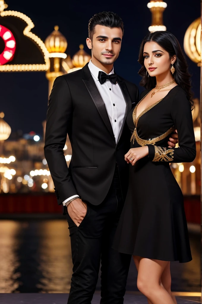 Create a profile picture of a real human couple about a cute handsome Turkish guy wearing black jeans and black tuxedo named 'LUMIERE' on his right chest. Together with a cute beautiful Turkish girl wearing black sexy fitted dress, wearing gold necklace designed name 'LOVELY'. Make a extravagant Casino with delighted City lights as a background.