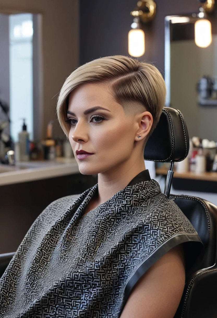 a stunning 30 year old woman with a super short bob haircut with a medium fade undercut and a side shave sitting in a barberchair, photorealistic, hyperrealistic, 8k, uhd, high detail, masterpiece, film grain
