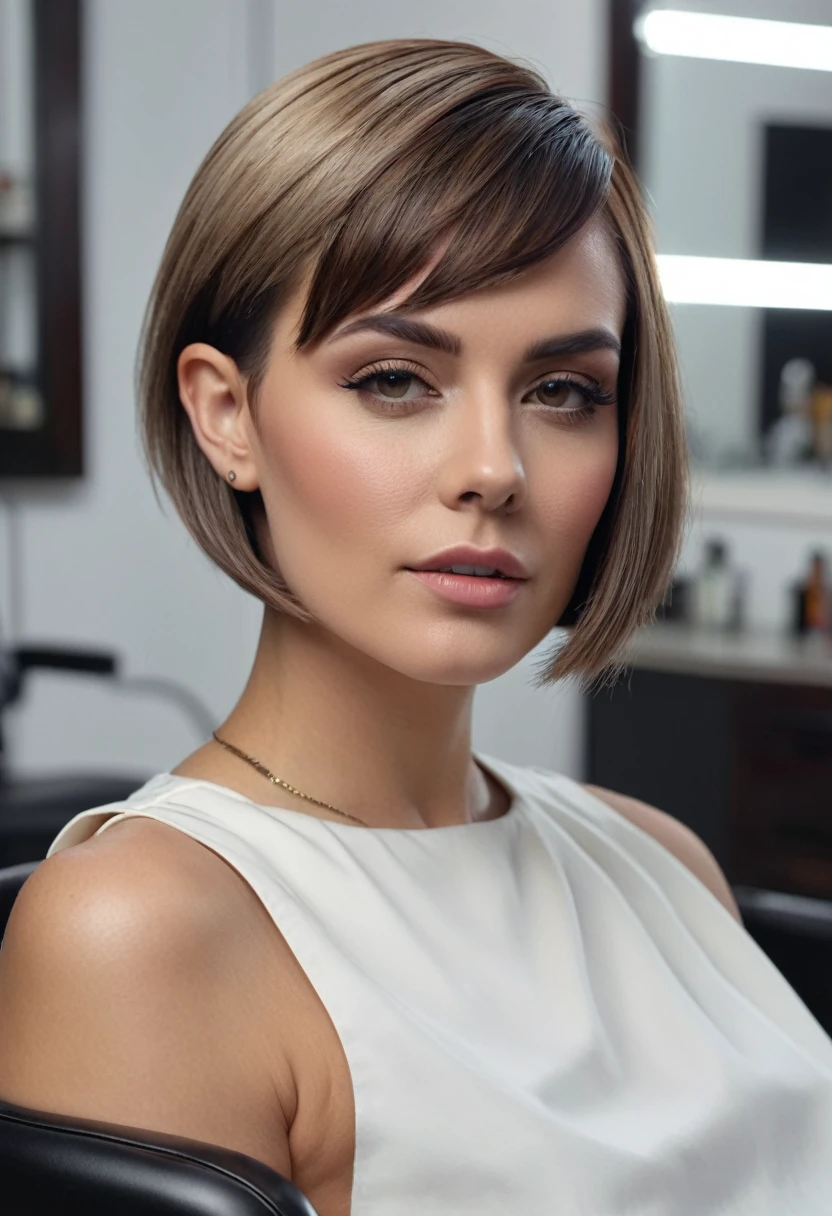a stunning 30 year old woman with a super short bob haircut with a medium fade undercut and a side shave sitting in a barberchair, photorealistic, hyperrealistic, 8k, uhd, high detail, masterpiece, film grain