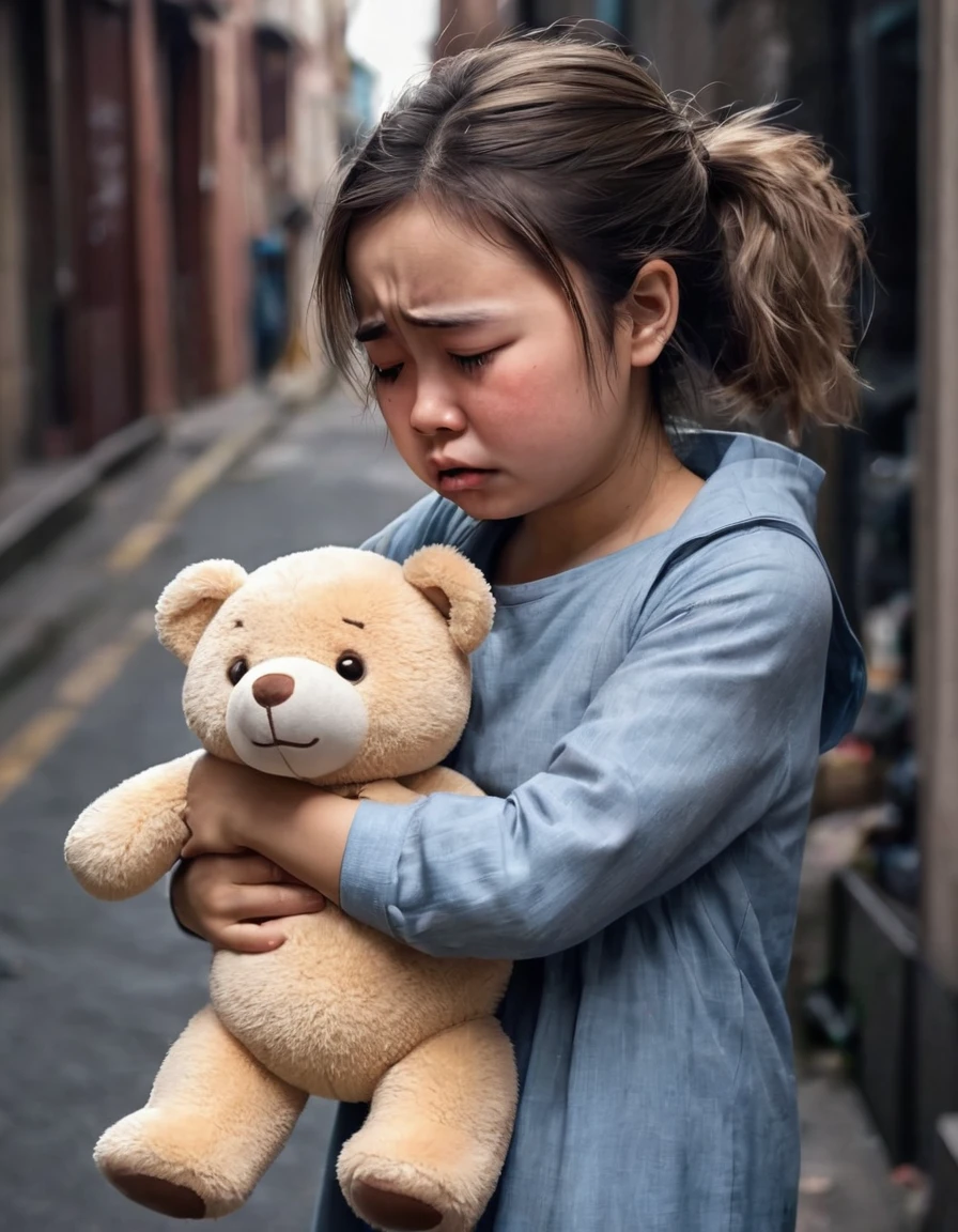 A is mad, she is sobbing, cartoonishly over exaggerated sobbing, puffy cheeks, puffy eyes, tears shooting out like little streams of water, holding her teddy bear, it is rayning, in the street alone, girl, really sad