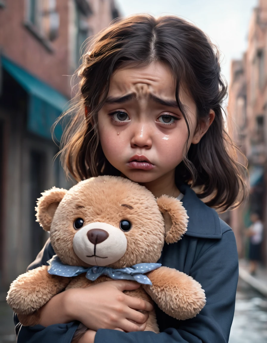A  is mad, she is sobbing, cartoonishly over exaggerated sobbing, puffy cheeks, puffy eyes, tears shooting out like little streams of water, holding her teddy bear, it is rayning, in the street alone,  girl, really sad 
