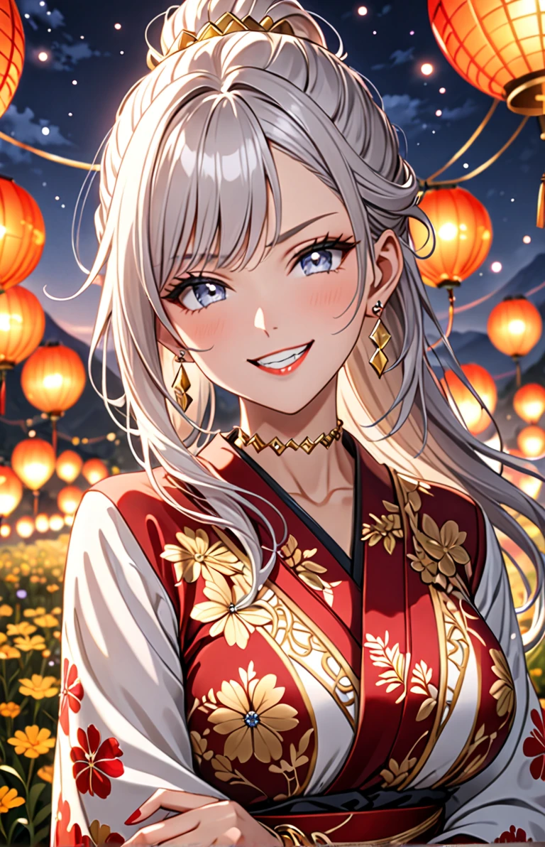 ((One personの少女)), (game cg), Pretty face, Beautiful Face, (Laughing embarrassedly), (smirk:1.4), ((Wink:1.5)), (head tilt:1.3), Laugh with your mouth wide open, upper teeth, looking at viewer, ((full-face brash:1.5)), Glossy Red Lips, ((Big Breasts:1.4)), night,Mountain countryside landscape, firework, Glossy Red Lips, (Shining Face), ((Anime style background)),masterpiece, Highest quality, so beautiful,up to date, Complex details, (Pink long nails), (nail art), (Gold Ring),(Gold bracelet),(Gold floral choker), (helix piercing:1.7), AI-generated, Complex,High resolution, Highest quality, super high quality,3D Images、3D Images,One person,Long white hair,High Ponytail, Anime woman posing for a photo, ((silver eyes:1.6)), ((Fine grain、blue eyes、Shining Eyes:1.3)), (Squint your eyes:1.1),a hyperRealistic , hyperRealistic , Realistic,Anime woman with long white hair, Smooth anime CG art, (A woman in a colorful kimono with gold embroidery), ((Black long sleeve kimono:1.3)), Red floral pattern,(Long flower hair ornament),Floral Earrings,Mature Body,Abdominal muscles,Tight waist, ((Zoom in on face:1.6)),