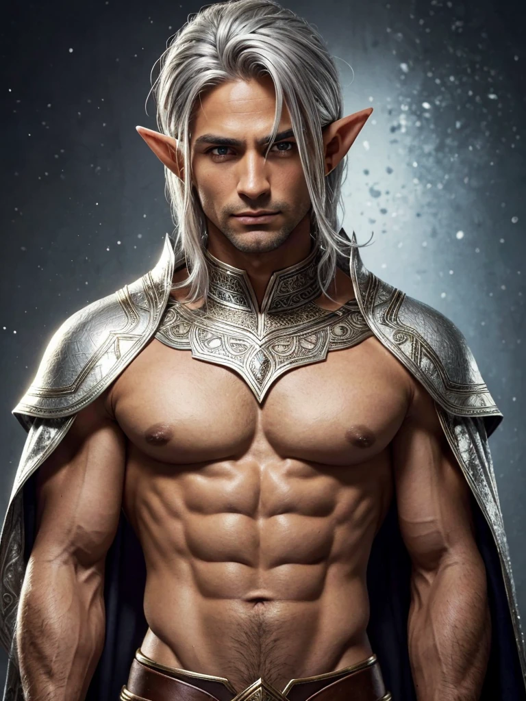 (best quality), 1boy, mature man, 34 years old, tanned skin, silver hair, medium hair, hair loosely combed back, brown eyes, perfect eyes, muscular, handsome, small waist, strong jawline, cold expression, (elf), fantasy clothes, fully clothed, clean face, masterpiece, anatomically correct, highres
