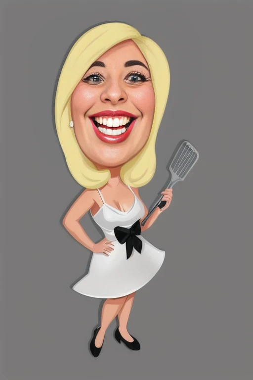 cartoon woman in white dress holding a spatula and smiling, caricature illustration, caricature style, in cartoon style, caricature!!!, inspired by Shirley Teed, caricature, caricature, cartoon style illustration, cartoon portrait, caricature, style cartoon art, cel shaded:15, Elaine, cartoon illustration, Cartoon character, cartoon digital art, cel shaded, 8k