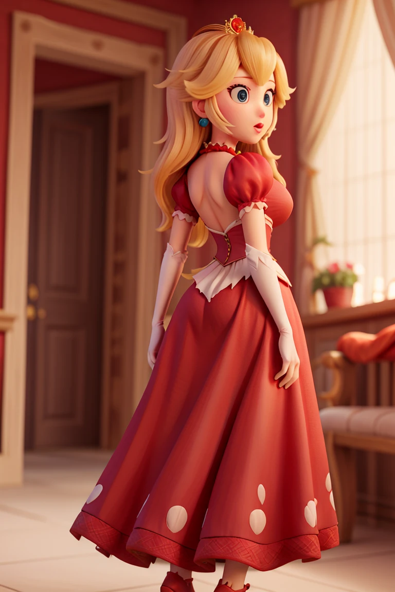 High quality detailed textures,Princesa peach,saia longa sexly, top cut, breasts big, deep neckline, Red clothing, sexly, sutiã sexly , torn skirt, from behind, bunda sexly nfws