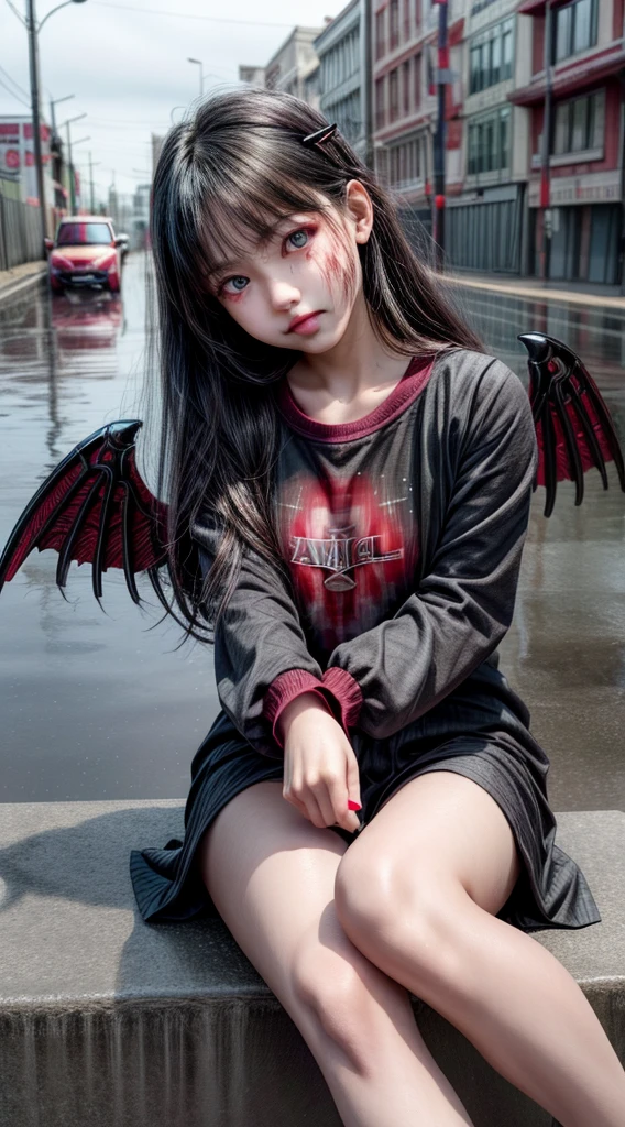 cute an evil girl, (((cute girl))), Creepy girl, red sky, rain, raining, blood, (((angel vs demon))), ((2 girls))