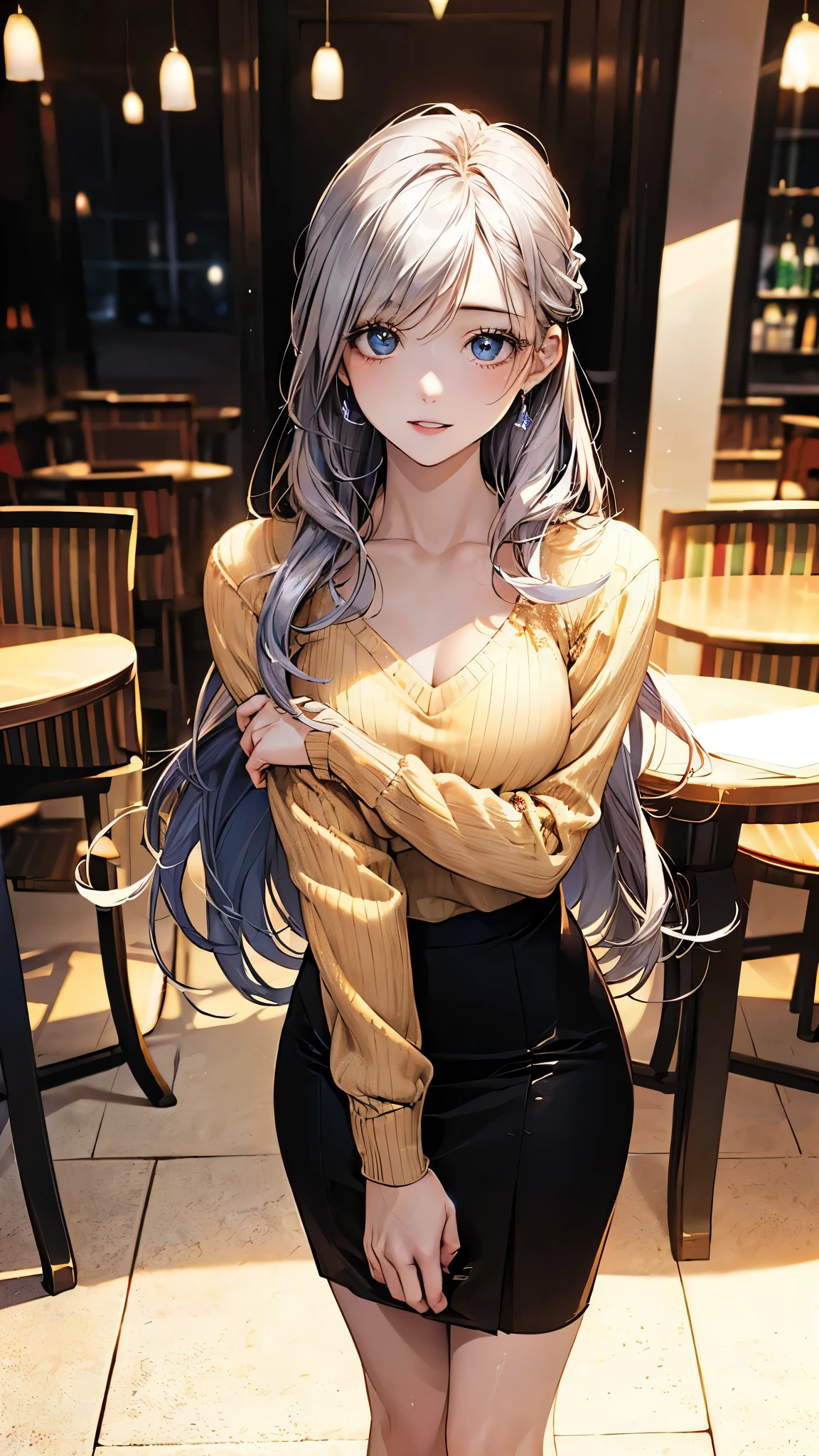 (masterpiece:1.2, top-quality), (realistic, photorealistic:1.4), beautiful illustration, (natural side lighting, movie lighting), nsfw, 
looking at viewer, 1 girl, office lady, perfect face, cute and symmetrical face, shiny skin, 
(long hair:1.2, half updo:1.5, sideburns:1.8, silver hair), asymmetrical bangs, blue eyes, drooping eyes:1.5, big eyes:1.5, long eye lasher, (medium breasts, thin thighs), slender, 
beautiful detailed hair, beautiful detailed face, beautiful detailed eyes, beautiful clavicle, beautiful body, beautiful chest, beautiful thigh, beautiful legs, beautiful fingers, 
detailed cloth texture, (v-neck yellow sweater), black business suit jacket, black tight skirt, high heels, 
(beautiful scenery), night, (inside pub), standing, (lovely smile, upper eyes, parted lips), 