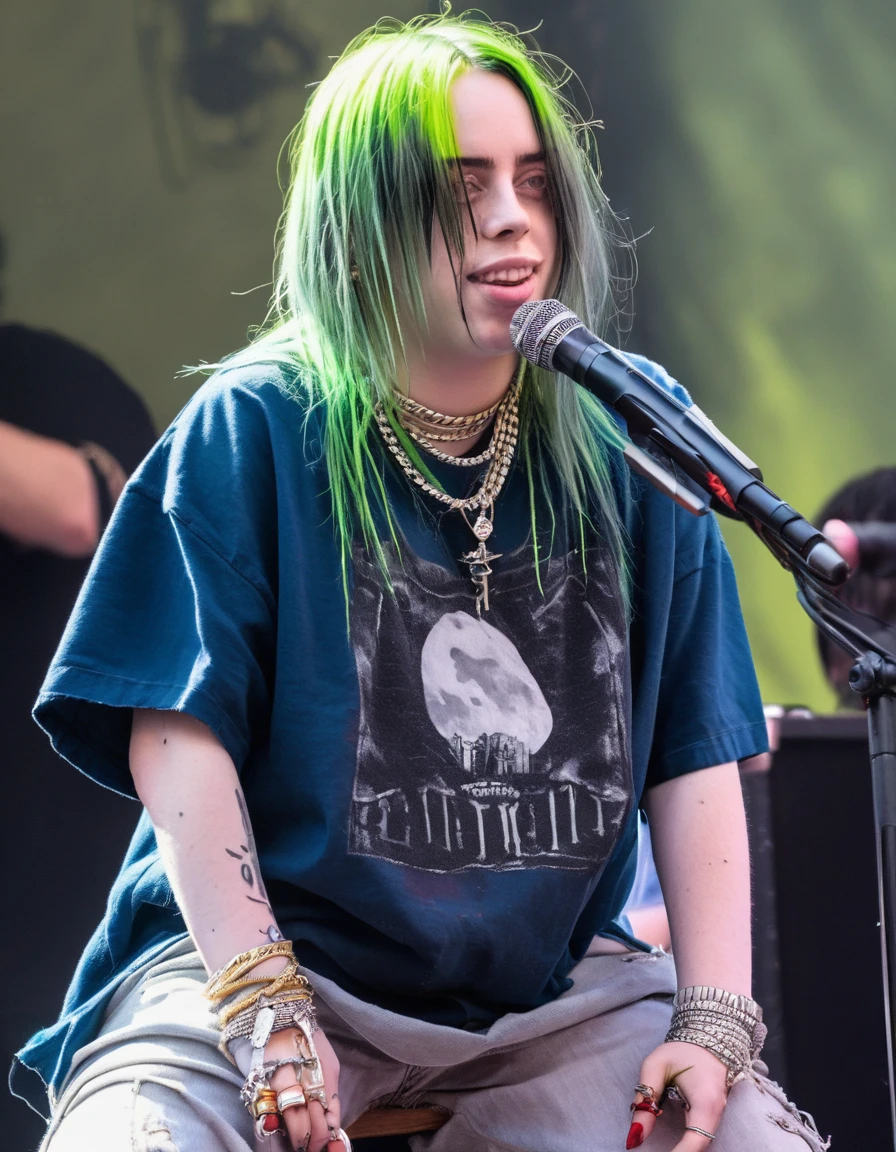 Billie Eilish, touching her huge breasts, on a stage in front of his pub, with few clothes, perfect body, perfect eyes perfect mouth, perfect face