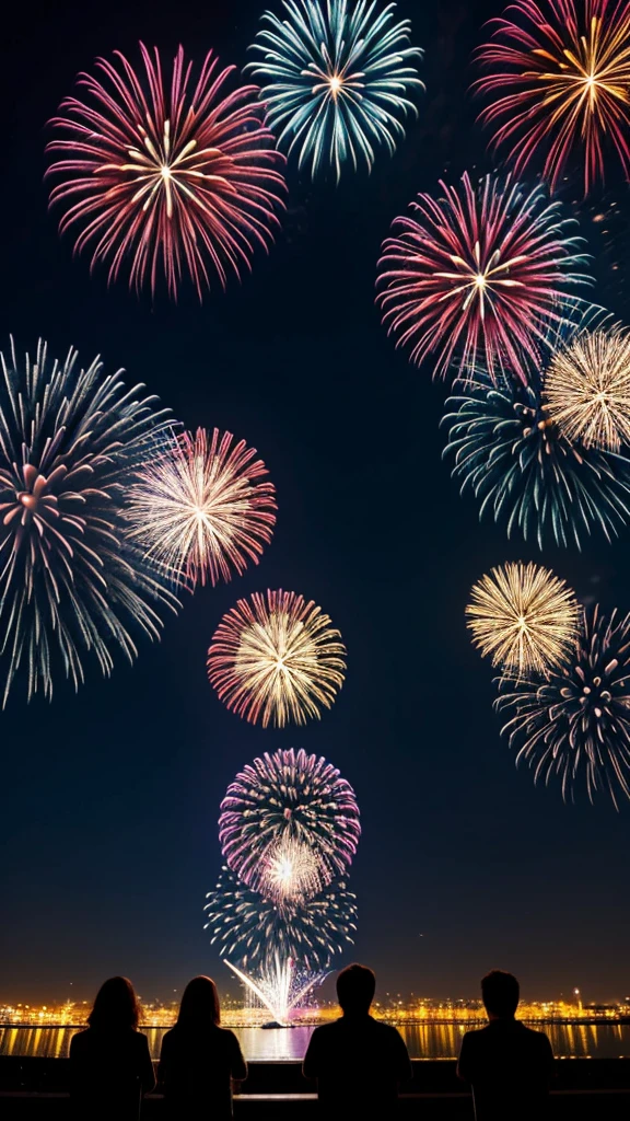 silhouettes of people string at the night sky full of fireworks