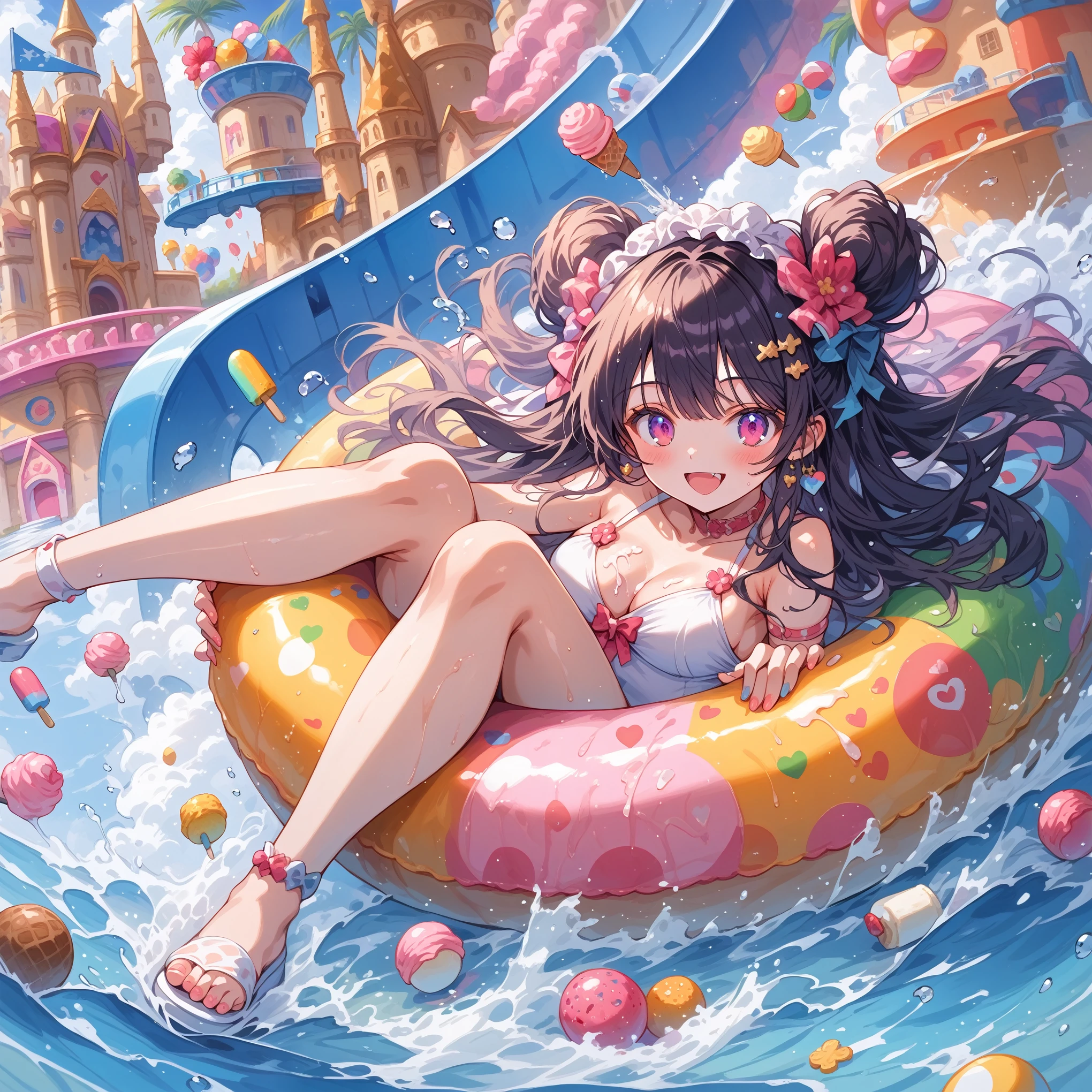 score_9, score_8_up, score_7_up, source_anime,masterpiece, best quality, high resolution, extremely detailed CG, absurdres, highres, A dreamy water playground, all the buildings are made of ice cream, the ice cream castle is colorful, and the girl in swimsuit is sliding down the water slide, very happy, neondskdrmsxl