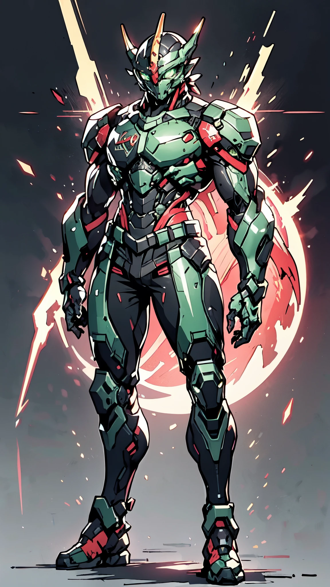 A man wearing a full-face helmet, a fantasy-style biotech armored combat suit, green eyes, (a composite layered chest armor), fully enclosed shoulder guards, matching arm and leg guards, the belt is adorned with dragon claw grasping orbs, (the color scheme is primarily black with red accents), the design balances heavy with agility, a high-tech bio-mecha armor, (Armor Concept Inspired by Dragons, stand on the top of a skyscraper in a futuristic sci-fi city), this character embodies a finely crafted fantasy-surreal style armored hero in anime style, exquisite and mature manga art style, (element, plasma, energy, the armor glows), ((male:1.5)), metallic, real texture material, dramatic, high definition, best quality, highres, ultra-detailed, ultra-fine painting, extremely delicate, professional, perfect body proportions, golden ratio, anatomically correct, symmetrical face, extremely detailed eyes and face, high quality eyes, creativity, RAW photo, UHD, 32k, Natural light, cinematic lighting, masterpiece-anatomy-perfect, masterpiece:1.5