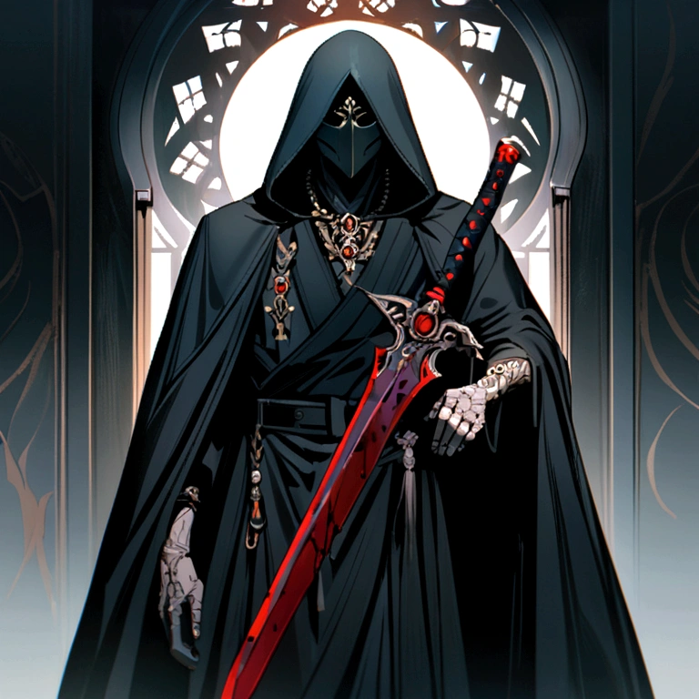 a man wearing a black robe and black mask holding a blood-stained sword
