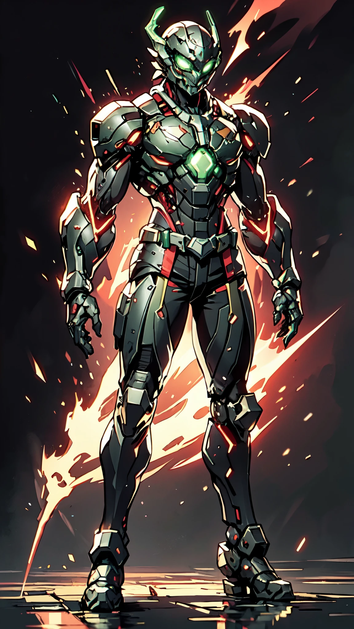 A man wearing a full-face helmet, a fantasy-style biotech armored combat suit, green eyes, (a composite layered chest armor), fully enclosed shoulder guards, matching arm and leg guards, the belt is adorned with dragon claw grasping orbs, (the color scheme is primarily black with red accents), the design balances heavy with agility, a high-tech bio-mecha armor, (Armor Concept Inspired by Dragons, stand on the top of a skyscraper in a futuristic sci-fi city), this character embodies a finely crafted fantasy-surreal style armored hero in anime style, exquisite and mature manga art style, (element, plasma, energy, the armor glows), ((male:1.5)), metallic, real texture material, dramatic, high definition, best quality, highres, ultra-detailed, ultra-fine painting, extremely delicate, professional, perfect body proportions, golden ratio, anatomically correct, symmetrical face, extremely detailed eyes and face, high quality eyes, creativity, RAW photo, UHD, 32k, Natural light, cinematic lighting, masterpiece-anatomy-perfect, masterpiece:1.5