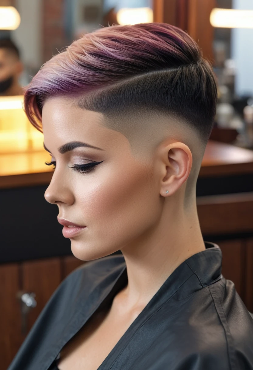 a stunning 30 year old woman with a super short bowl haircut with a medium fade undercut and a side shave sitting in a barberchair, photorealistic, hyperrealistic, 8k, uhd, high detail, masterpiece, film grain