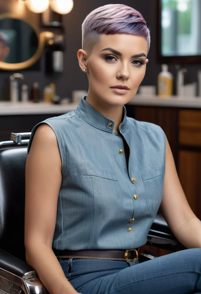 a stunning 30 year old woman with a super short bowl haircut with a medium fade undercut and a side shave sitting in a barberchair, photorealistic, hyperrealistic, 8k, uhd, high detail, masterpiece, film grain 