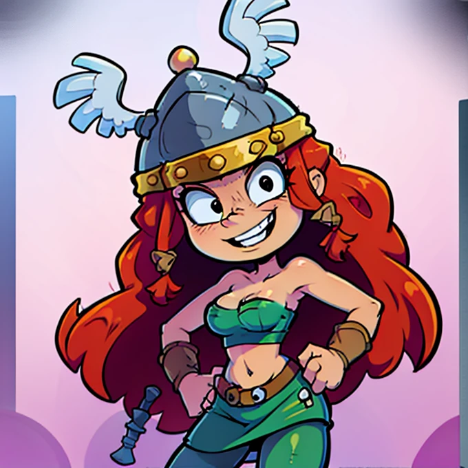 Barbara, long hair, red hair, helmet, skirt, tube top, curly hair, skull, black eyes, smile loose tooth 