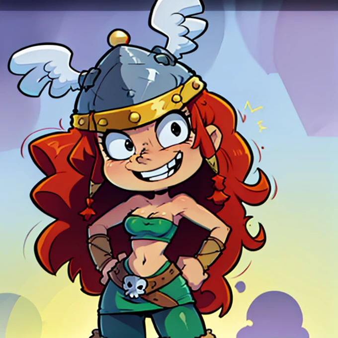 Barbara, long hair, red hair, helmet, skirt, tube top, curly hair, skull, black eyes, smile loose tooth 