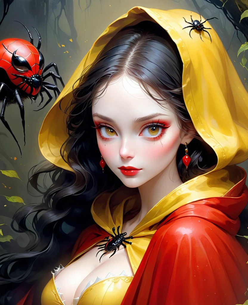 Photorealistic digital painting, modern girl Arlequina + branca de neve Devil fênix negra with the image of a black spider in a pleasing mix, taking inspiration from detailed forms of, dressed in an illustrious black yellow jaketa Hood red enhanced by the artistic styling of artists like Jose Royo, Boris Vallejo, Julie Bell, Carne Griffiths, Benedick Bana, Brian Froud, Eric Wallis, combines the mystique of fantasy