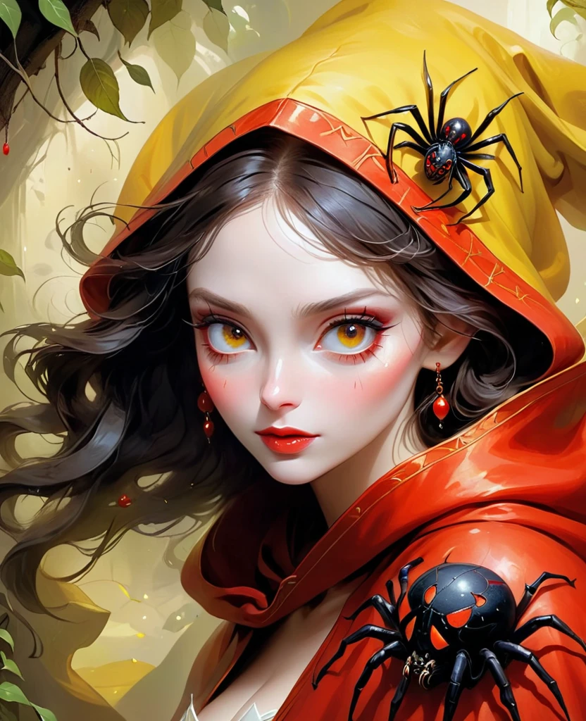 Photorealistic digital painting, modern girl Arlequina + branca de neve Devil fênix negra with the image of a black spider in a pleasing mix, taking inspiration from detailed forms of, dressed in an illustrious black yellow jaketa Hood red  enhanced by the artistic styling of artists like Jose Royo, Boris Vallejo, Julie Bell, Carne Griffiths, Benedick Bana, Brian Froud, Eric Wallis, combines the mystique of fantasy