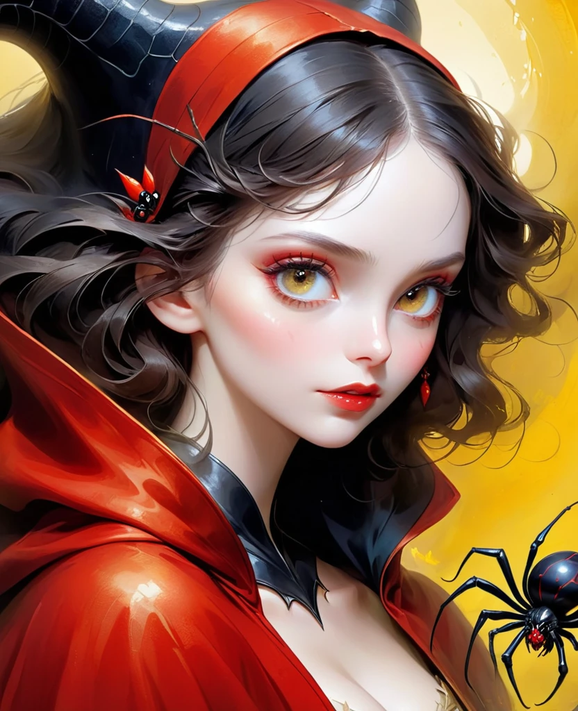 Photorealistic digital painting, modern girl sexy Naruto + branca de neve Devil fênix negra with the image of a black spider in a pleasing mix, taking inspiration from detailed forms of, dressed in an illustrious red black gold jaketa Hood red enhanced by the artistic styling of artists like Jose Royo, Boris Vallejo, Julie Bell, Carne Griffiths, Benedick Bana, Brian Froud, Eric Wallis, combines the mystique of fantasy