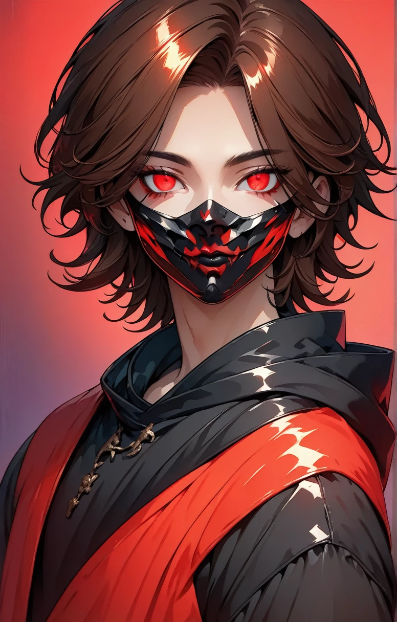 beautiful young anime boy curly short brown hair, black mouth masked, digital art portrait, with glowing skin, vibrant flat colors, and a gradient red background (best quality,4k,8k,highres,masterpiece:1.2) ultra-detailed,beautiful detailed red eyes,dramatic lighting,digital painting,concept art,character design