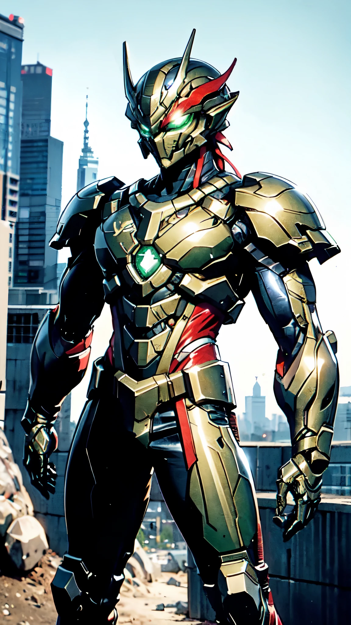 A man wearing a full-face helmet, a fantasy-style biotech armored combat suit, green eyes, (a composite layered chest armor), fully enclosed shoulder guards, matching arm and leg guards, the belt is adorned with dragon claw grasping orbs, (the color scheme is primarily black with red accents), the design balances heavy with agility, a high-tech bio-mecha armor, (Armor Concept Inspired by Dragons, stand on the top of a skyscraper in a futuristic sci-fi city), this character embodies a finely crafted fantasy-surreal style armored hero in anime style, exquisite and mature manga art style, (element, plasma, energy, the armor glows), ((male:1.5)), metallic, real texture material, dramatic, high definition, best quality, highres, ultra-detailed, ultra-fine painting, extremely delicate, professional, perfect body proportions, golden ratio, anatomically correct, symmetrical face, extremely detailed eyes and face, high quality eyes, creativity, RAW photo, UHD, 32k, Natural light, cinematic lighting, masterpiece-anatomy-perfect, masterpiece:1.5