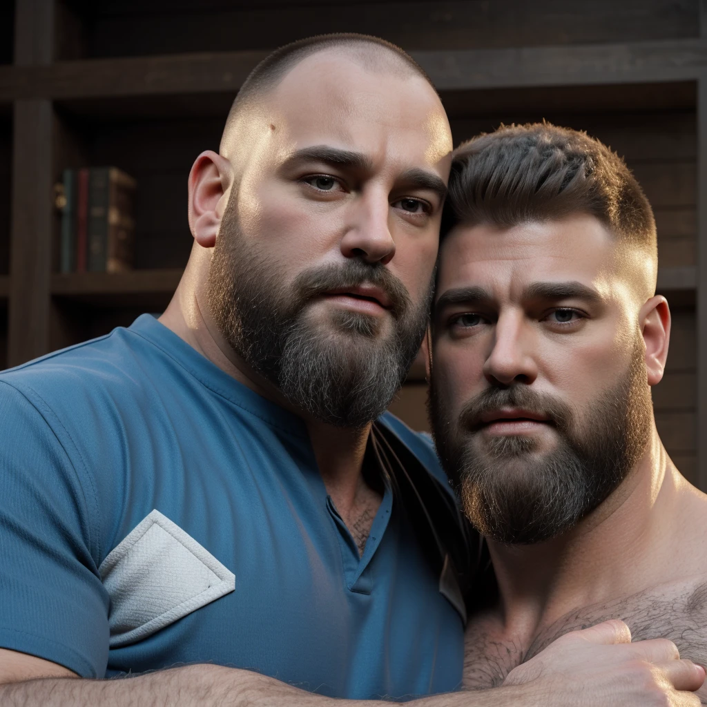 "Create a professional studio-style photograph featuring two middle-aged, burly, and rugged men in lumberjack attire. They have beards, caps, checkered shirts, and worn-out jeans. They are facing each other, their faces almost close, in a romantic and virile scene. Utilize all appropriate lighting techniques for studio photography. The background should be black."