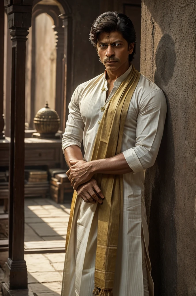 Please create an image of Shah Rukh Khanas Byomkesh Bakshi, inspired by Sharadindu Bandyopadhyay's classic depiction. The character should have a serious expression, not a gangster look. Byomkesh should be dressed in traditional Bengali attire, possibly a dhoti and kurta, with a calm yet sharp demeanor, typical of a thoughtful detective. The background could be a classic, old-world setting, reminiscent of early 20th-century Bengal."