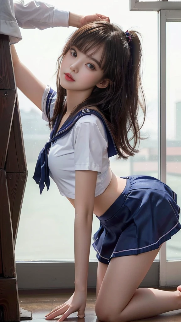 (A girl kneeling on the floor in front of a large window in a classroom), Beautiful school girl, Enchanting girl, Slender body line, Small and slender figure, Captivating Lips, Nagatoro, Top rated on pixiv, (beautiful girl, :1.3, Idol Face), (Beautiful breasts:1.2), (Small beautiful butt), Surreal, Topics on pixiv, ((Sailor suits and miniskirts)), ((Detailed eyes and face:1.2, Professional photography techniques, Cinema Lighting)), (Detailed hands and legs:1.1), (Perfect Anatomy:1.3), ribbon, (Highest quality, 8K, masterpiece:1.2, RAW Photos), (Photorealism:1.4)
