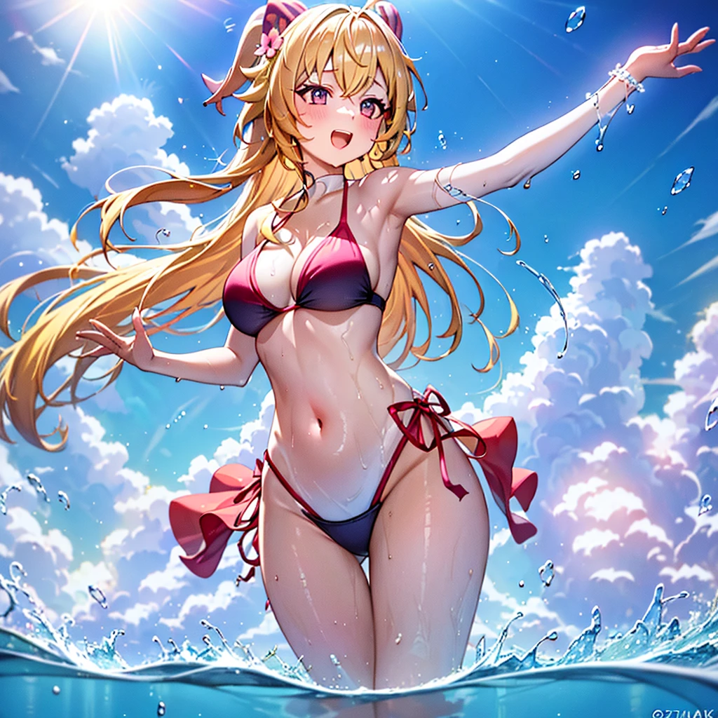 Best quality, tmasterpiece, Incredibly beautiful, very elaborate 8K wallpaper, otherworldly beautiful girl, , (White skin of the), (blonde hair pink gradient hair), Side pony, intermittently, Open your mouth and laugh, Long eyelashes, cosmetics, One eye open, (zoomout, bigger, BigREAK, summer, Beachy, (Bikini), Reflection in the water, (Floating water drops blur foreground), (blue-sky), lens flare glow, (water splash), rays of sunshine,